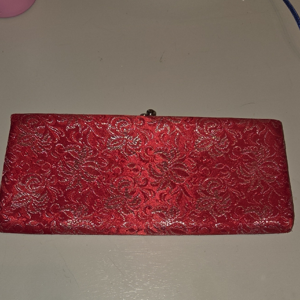 Vintage Red Embroidered Evening Clutch with Silver Threading